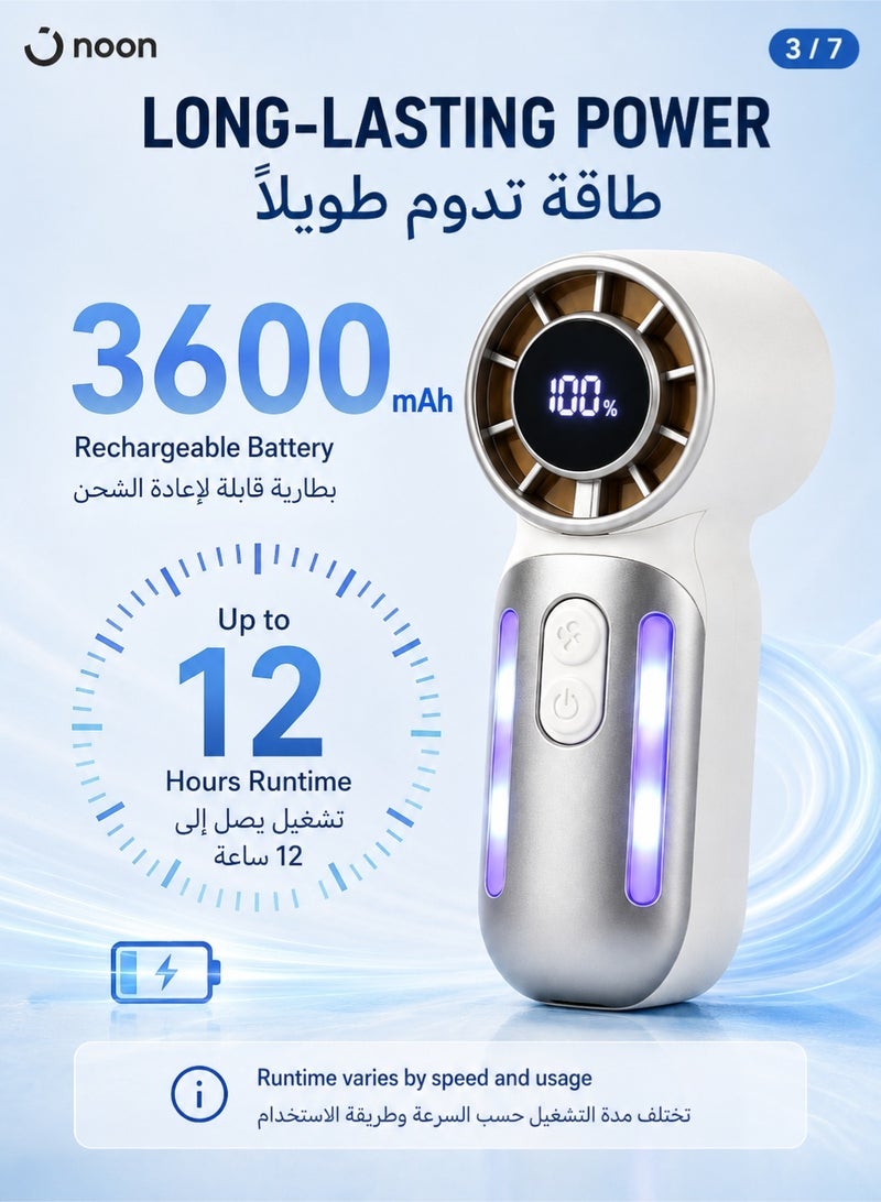 Monda Portable Turbo Handheld Fan 3600mAh Rechargeable Mini Fan with 5 Speeds, USB-C Fast Charging, Up to 12H Runtime, High-Speed Brushless Motor, Pocket Personal Cooling Fan for Travel, Outdoor, Office, Concert & Camping - Beige - Image 4
