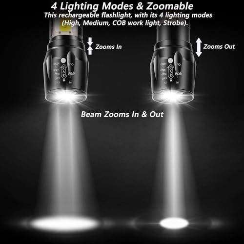 DOTCOM LED Emergency Handheld Flashlight USB Rechargeable Flashlight 3 Modes Adjustable Focus,Portable Waterproof LED Flashlight with COB Side Lights，Best Tactical Torch for Hurricane (1pack) - Image 4
