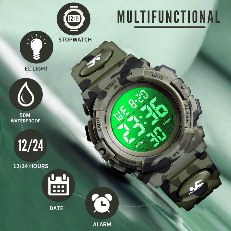A ALPS Boys Watch, 3-15 Year Old Boys, Digital Sport Outdoor Multifunctional Chronograph LED 50M Waterproof Alarm Calendar Analog Watch with Silicone Band - Image 2