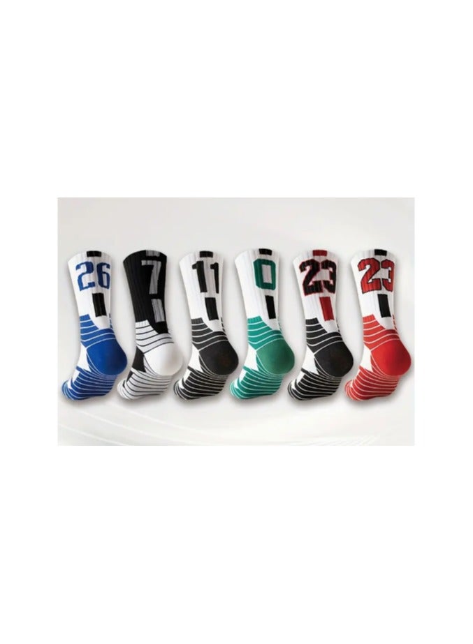 Generic 6 Pairs Men's Sports Crew Socks – Colorful Numbered Mid-Calf Socks, Breathable Cotton Blend, Ideal for Basketball & Soccer, Comfortable Athletic Wear - Image 1