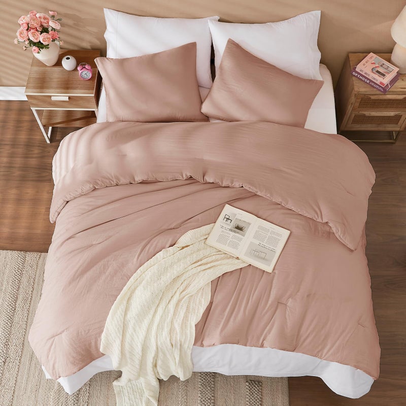 WRENSONGE Queen Comforter Set - 3 Pieces Dusty Pink Comforter Prewashed Soft Lightweight for All Seasons,Fluffy Down Alternative Comforters Queen Size with 2 Pillow Shams - Image 3