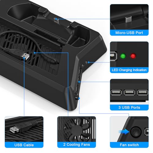 KEKUCULL Controller Charger Station for PlayStation4/PS4Slim,Vertical Stand with Dual Controller Charging Dock Station,Dual Cooling Fan and 3 USB Ports(Only for PlayStation4+PS4Slim) - Image 4