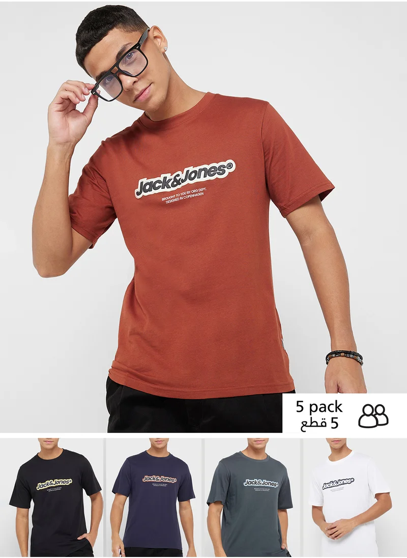 JACK & JONES 5 Pack Graphic Crew Neck T-Shirt