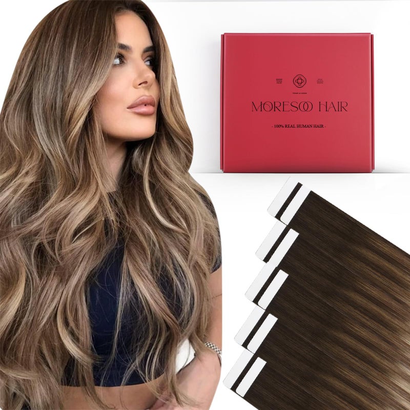 Moresoo Tape in Hair Extensions Human Hair 20 Inch 10 Pcs 25 Gram #4/10/16 Brown to Gold Brown with Golden Blonde Seamless Hair Extensions Fashion - Image 1