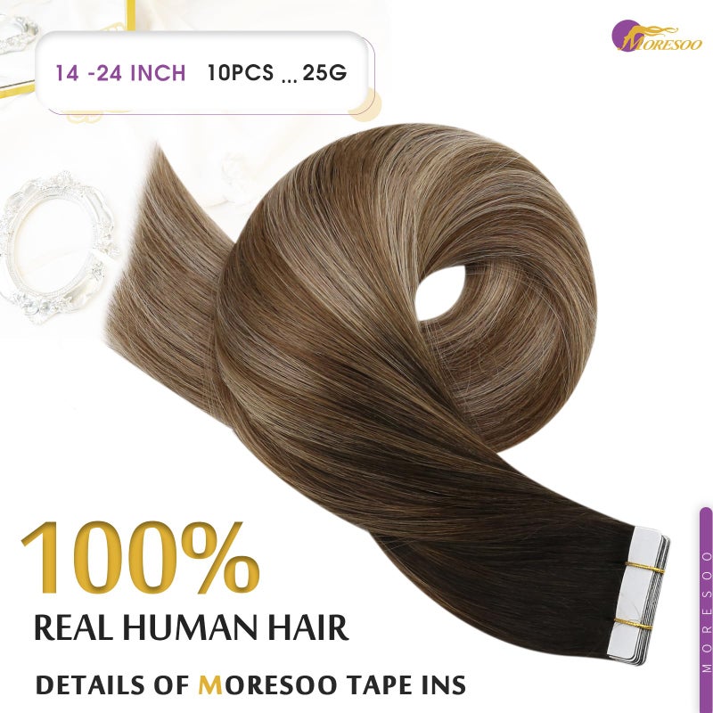 Moresoo Tape in Hair Extensions Human Hair 20 Inch 10 Pcs 25 Gram #4/10/16 Brown to Gold Brown with Golden Blonde Seamless Hair Extensions Fashion - Image 3