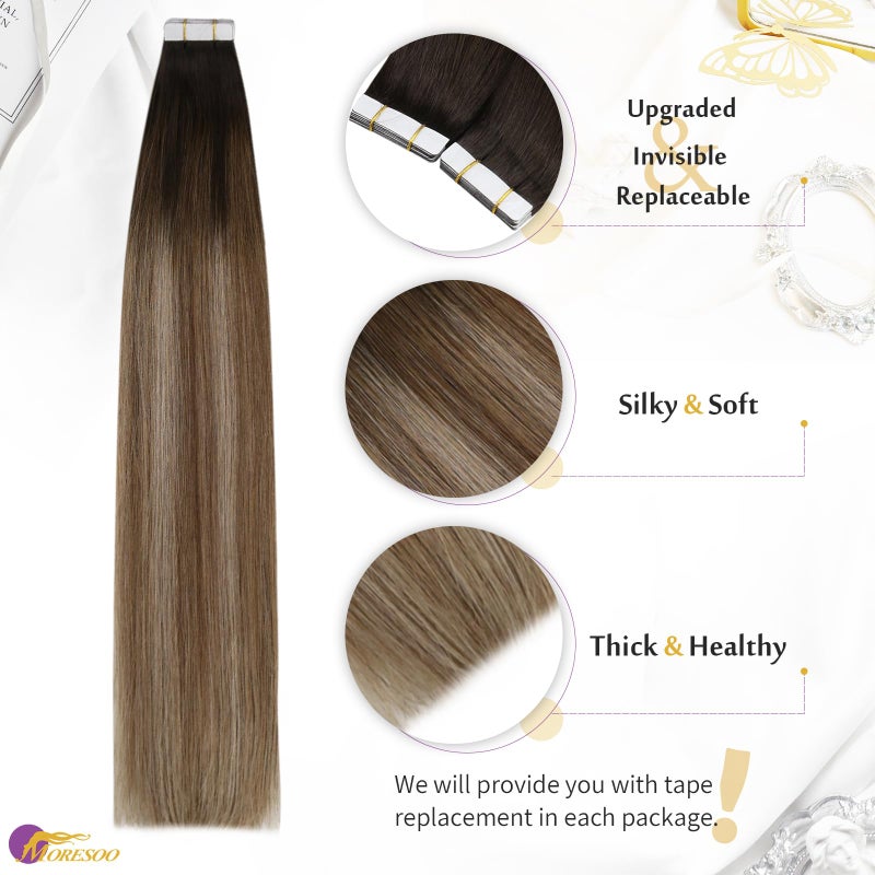 Moresoo Tape in Hair Extensions Human Hair 20 Inch 10 Pcs 25 Gram #4/10/16 Brown to Gold Brown with Golden Blonde Seamless Hair Extensions Fashion - Image 2
