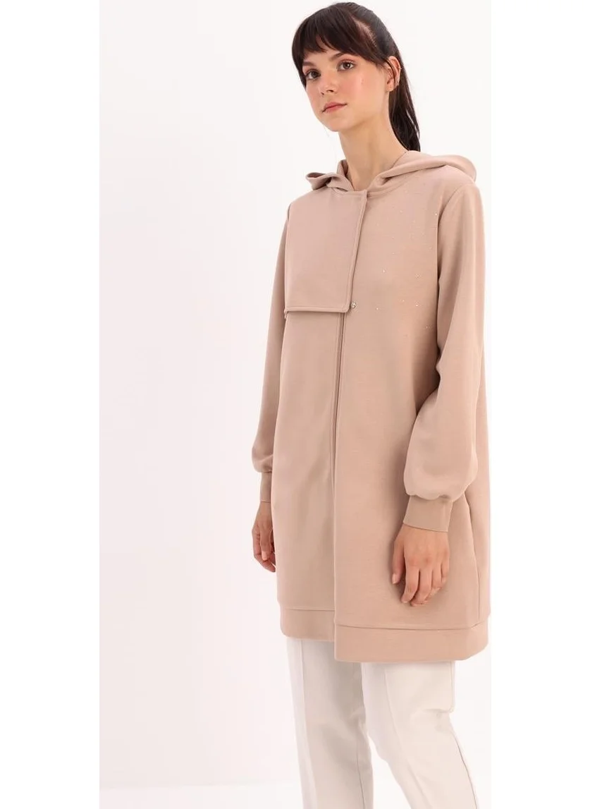 Allday Mink-Stone Detailed Hooded Cardigan