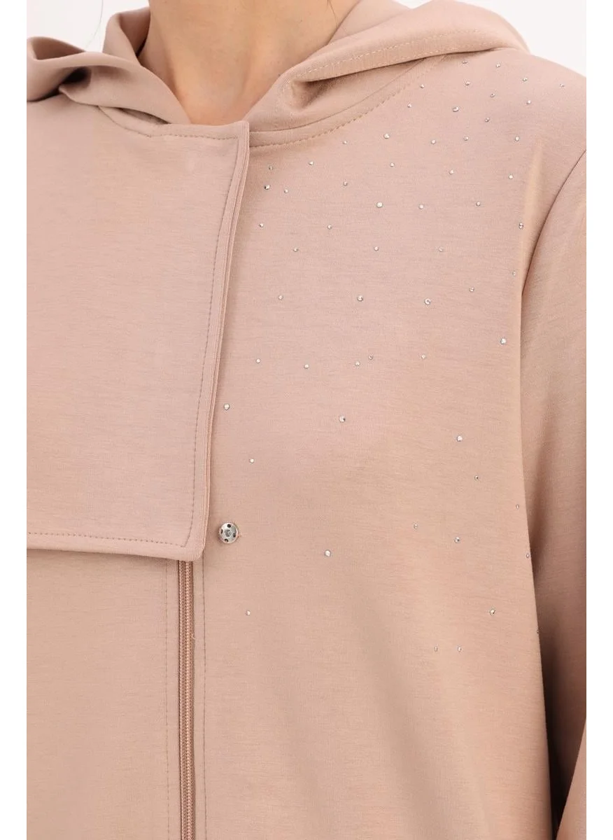 Allday Mink-Stone Detailed Hooded Cardigan