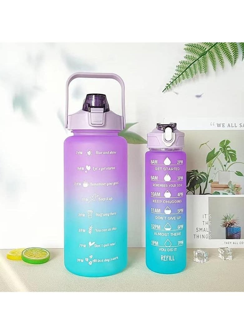 VIO Leakproof Free Water Bottles for Fitness Gym and Outdoor Sports Water Bottles with Time Marker Motivational Bottles with Straw Set of 2 2000ML 64 OZ and 700ML 24Oz Gradient Purple Blue  - Image 4