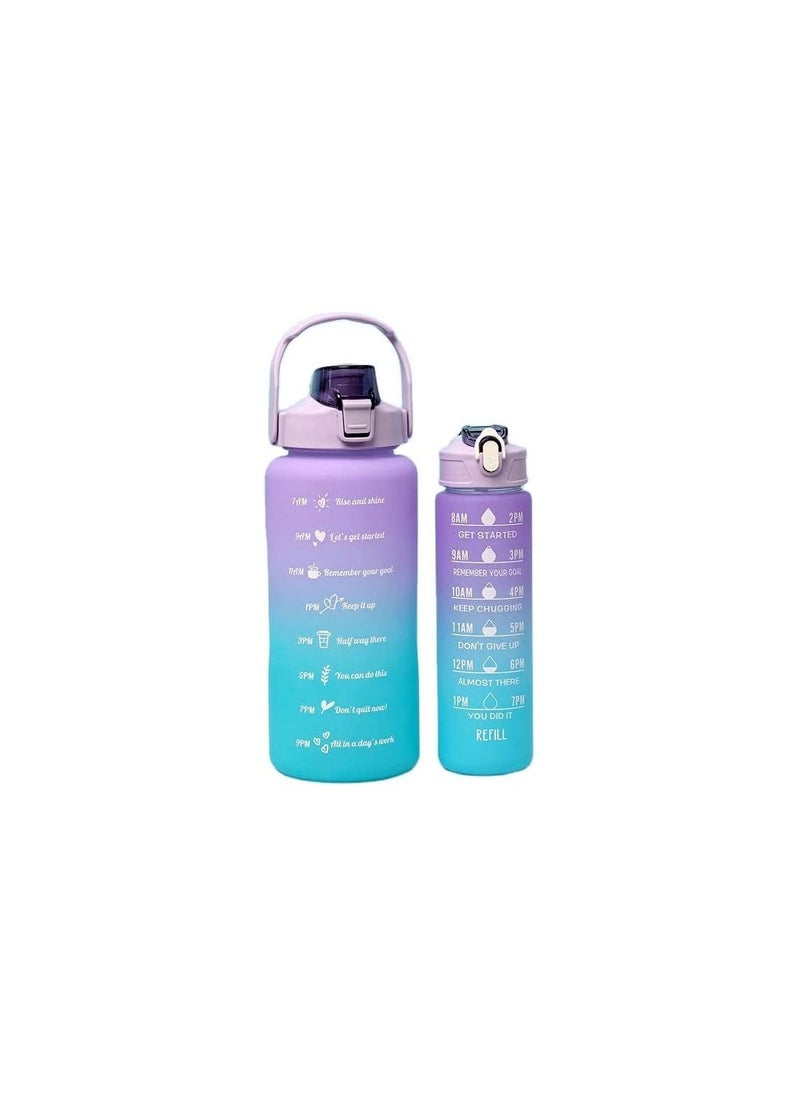 VIO Leakproof Free Water Bottles for Fitness Gym and Outdoor Sports Water Bottles with Time Marker Motivational Bottles with Straw Set of 2 2000ML 64 OZ and 700ML 24Oz Gradient Purple Blue  - Image 2