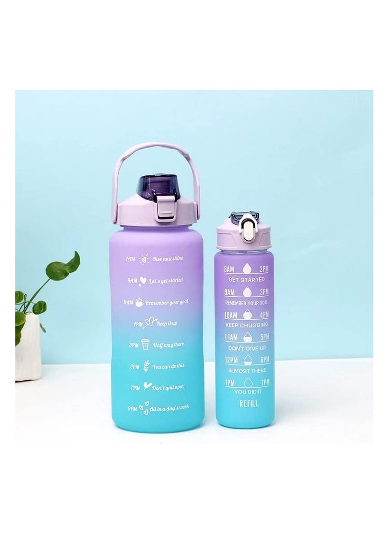VIO Leakproof Free Water Bottles for Fitness Gym and Outdoor Sports Water Bottles with Time Marker Motivational Bottles with Straw Set of 2 2000ML 64 OZ and 700ML 24Oz Gradient Purple Blue  - Image 1