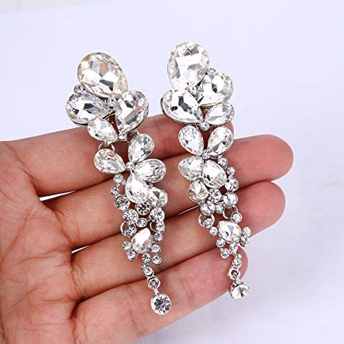 EVER FAITH Rhinestone Crystal Elegant Waterdrop Bridal Feast Dangle Clip-on Earrings Clear Silver-Tone - Image 5