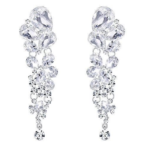 EVER FAITH Rhinestone Crystal Elegant Waterdrop Bridal Feast Dangle Clip-on Earrings Clear Silver-Tone - Image 1