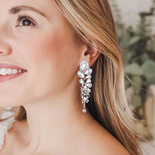 EVER FAITH Rhinestone Crystal Elegant Waterdrop Bridal Feast Dangle Clip-on Earrings Clear Silver-Tone - Image 2