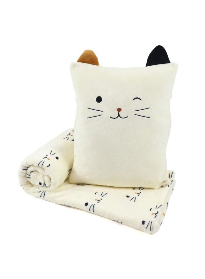 VigorSpring 3-in-1 Cat Travel Blanket and Pillow Set for Kids, Soft Snuggle Pillow with Hand Warmer, 40x60 Inch Cute Cat Blanket, Compact for Travel, Camping, Home and Office - Image 1