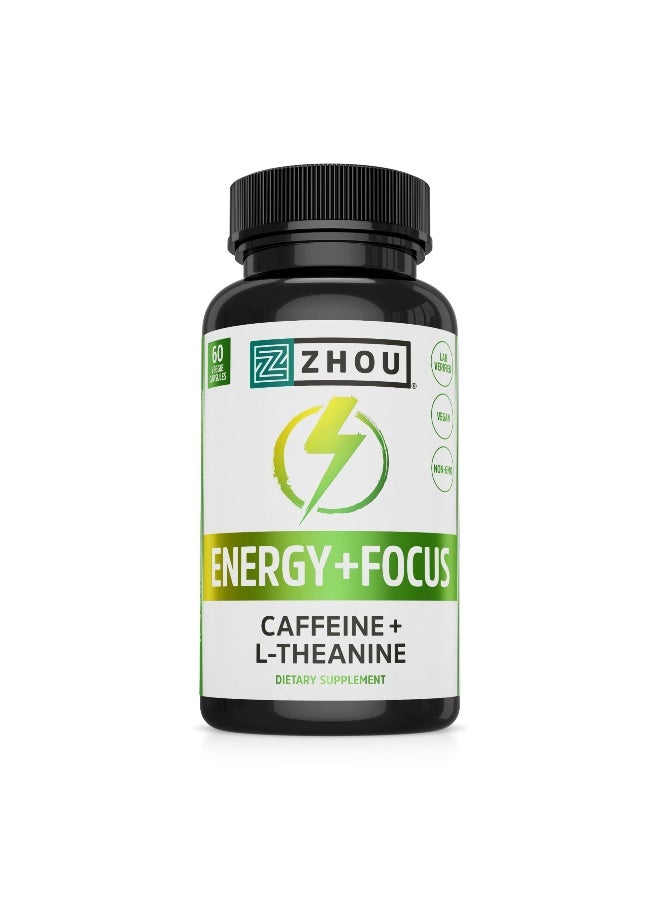 Zhou Energy Focus L Theanine Caffeine Pills 200mg LTheanine 100mg Natural Anhydrous Caffeine Boost for Adults Men Women Slow Extended Release 60 Vegetarian Capsules Pack of 1 - Image 1