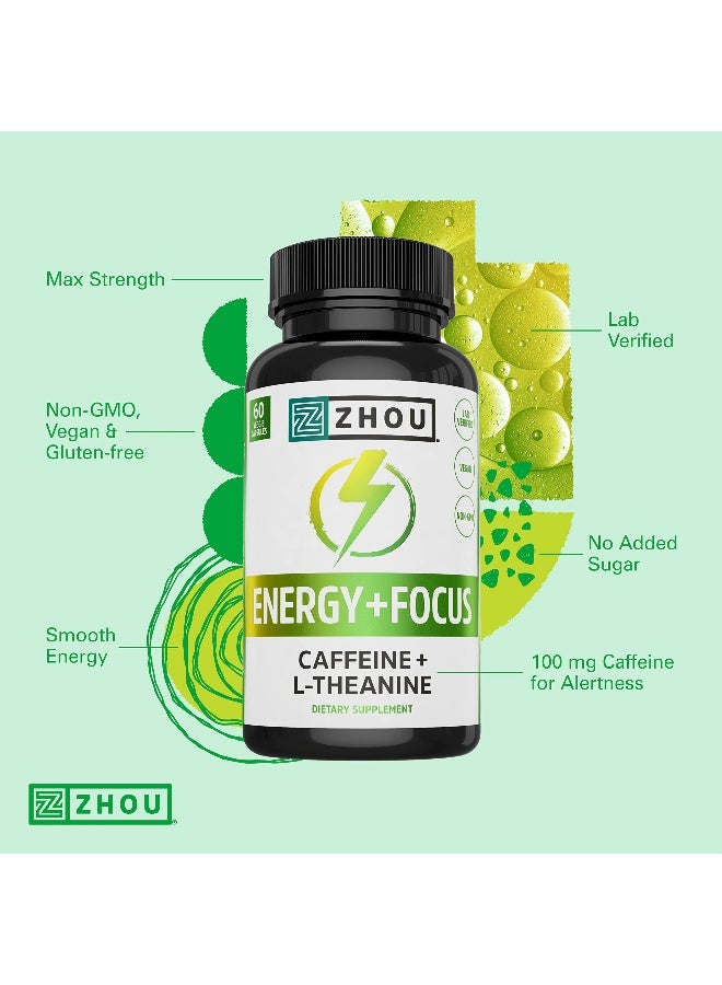 Zhou Energy Focus L Theanine Caffeine Pills 200mg LTheanine 100mg Natural Anhydrous Caffeine Boost for Adults Men Women Slow Extended Release 60 Vegetarian Capsules Pack of 1 - Image 3