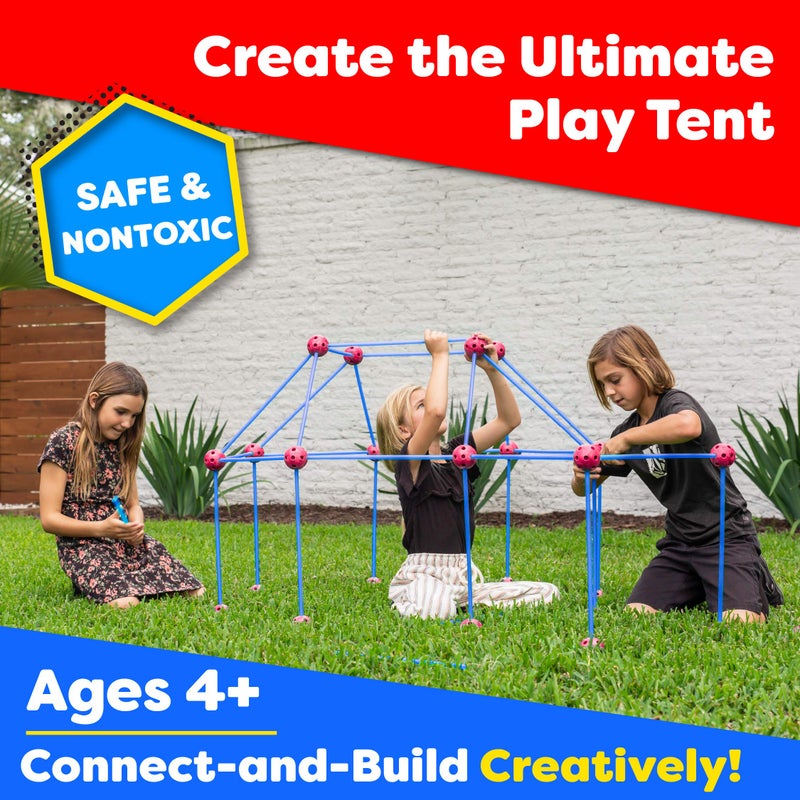 Power Your Fun Fun Forts Kids Tent for Kids - 81 Pieces Fort Building STEM Toys Kit, Construction Toys Play Tent Indoor and Outdoor Playhouse for Kids with 53 Rods and 28 Spheres (Red, Blue) 1 Pack - Image 3