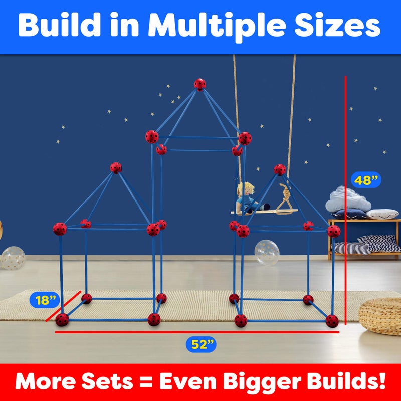 Power Your Fun Fun Forts Kids Tent for Kids - 81 Pieces Fort Building STEM Toys Kit, Construction Toys Play Tent Indoor and Outdoor Playhouse for Kids with 53 Rods and 28 Spheres (Red, Blue) 1 Pack - Image 5