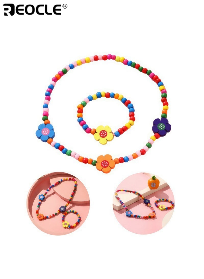 ريوكل قطعتان من مجموعة مجوهرات الأطفال الزهرية عقد خرز وسوار إكسسوارات للارتداء اليومي العارض مجموعة إكسسوارات ملونة مرحة - Image 2