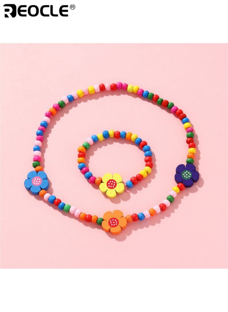 ريوكل قطعتان من مجموعة مجوهرات الأطفال الزهرية عقد خرز وسوار إكسسوارات للارتداء اليومي العارض مجموعة إكسسوارات ملونة مرحة - Image 1