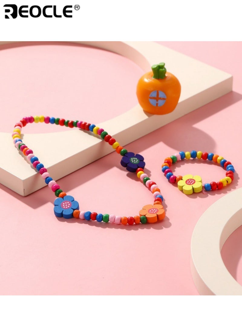 ريوكل قطعتان من مجموعة مجوهرات الأطفال الزهرية عقد خرز وسوار إكسسوارات للارتداء اليومي العارض مجموعة إكسسوارات ملونة مرحة - Image 3
