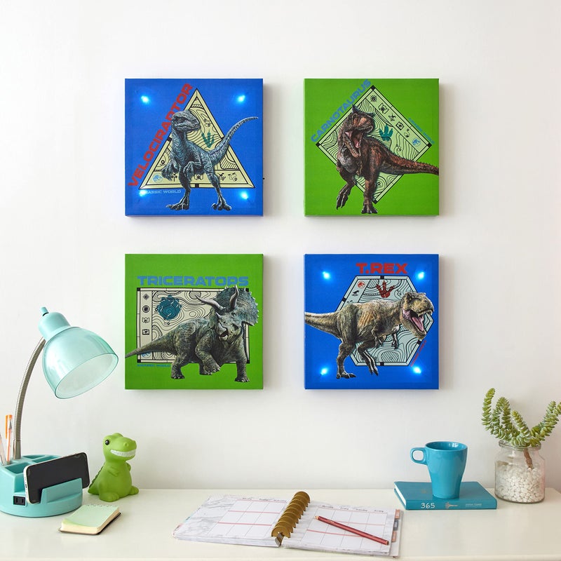 Idea Nuova Universal Jurassic World Canvas 4 Pack LED Wall Art Set Childrens Wall Hanging D?cor Each Piece 11""x11"" - Image 1
