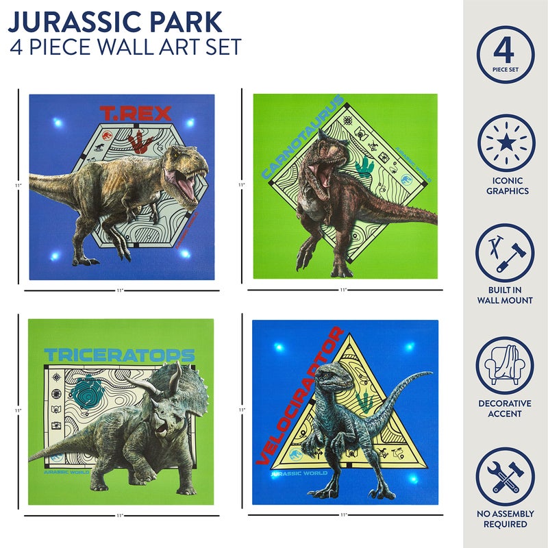Idea Nuova Universal Jurassic World Canvas 4 Pack LED Wall Art Set Childrens Wall Hanging D?cor Each Piece 11""x11"" - Image 2