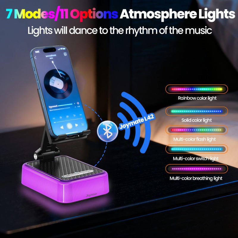 JOYMATE Gifts for Men and Women, Charger Phone Stand with RGB Lights and Bluetooth Speaker Valentines Day Gifts for Him/Her Adjustable Angle Cell Phone Holder for Phones,Tablet (Black) - Image 4