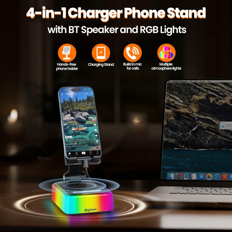 JOYMATE Gifts for Men and Women, Charger Phone Stand with RGB Lights and Bluetooth Speaker Valentines Day Gifts for Him/Her Adjustable Angle Cell Phone Holder for Phones,Tablet (Black) - Image 2