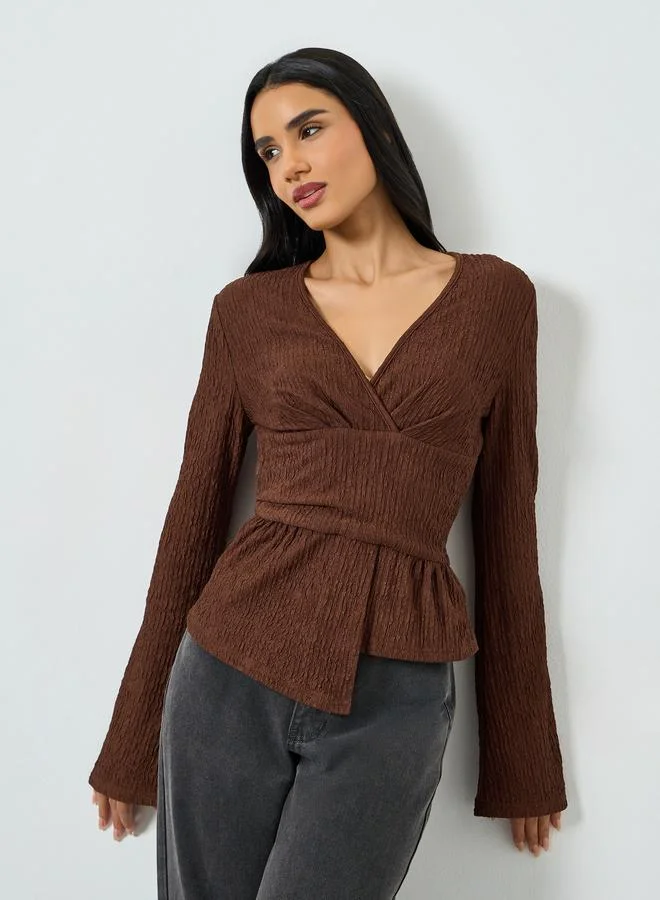 Take Two Brown Textured V-Neck Long Sleeve Top
