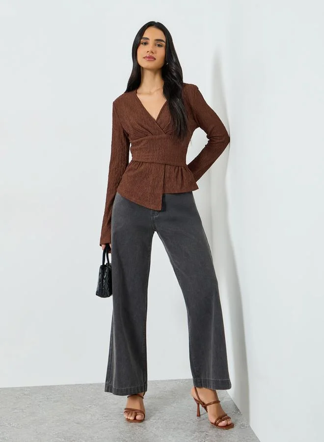 Take Two Brown Textured V-Neck Long Sleeve Top