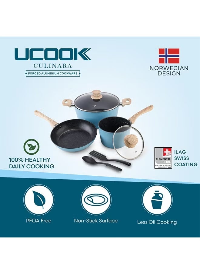 UCOOK UCOOK Culinara Forged Aluminium 7-Piece Cookware Set – Blue (Model DF5692) | Induction Base | PTFE/PFOA-Free Non-Stick Coating | Includes Glass Lids | Stylish & Durable Design  - Image 4