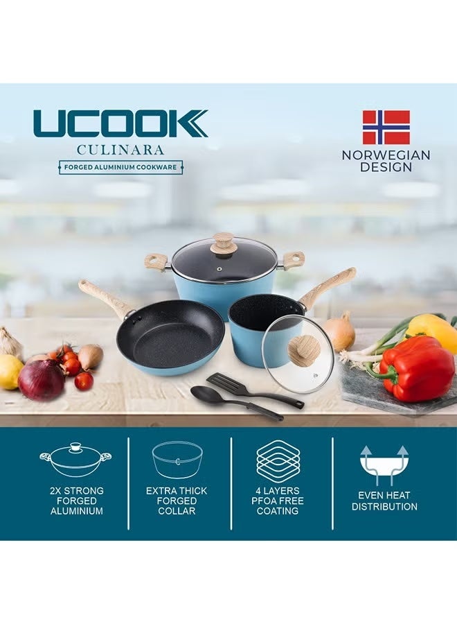UCOOK UCOOK Culinara Forged Aluminium 7-Piece Cookware Set – Blue (Model DF5692) | Induction Base | PTFE/PFOA-Free Non-Stick Coating | Includes Glass Lids | Stylish & Durable Design  - Image 1