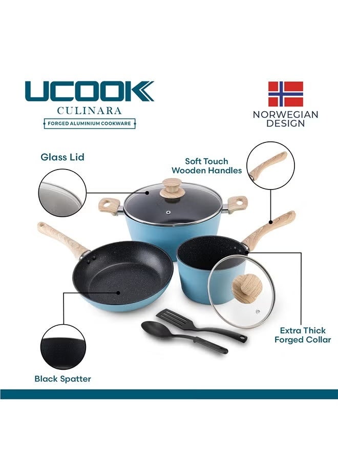 UCOOK UCOOK Culinara Forged Aluminium 7-Piece Cookware Set – Blue (Model DF5692) | Induction Base | PTFE/PFOA-Free Non-Stick Coating | Includes Glass Lids | Stylish & Durable Design  - Image 3
