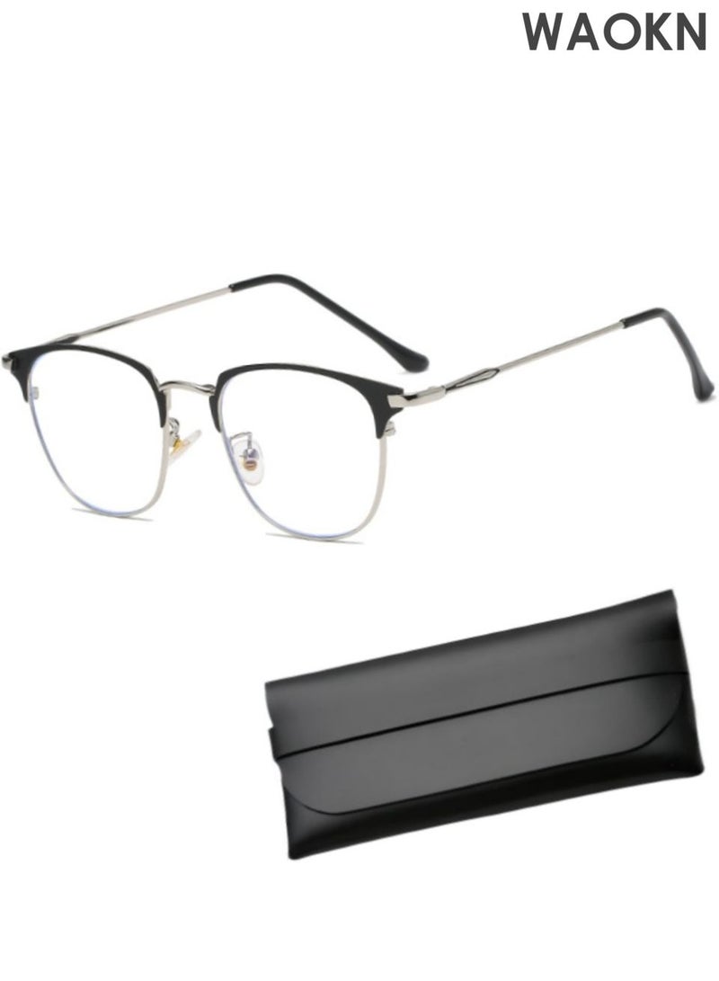 WAOKN Blue Light Blocking Glasses, Blue Light Filter Computer Reading Gaming TV Phones Browline Eyeglasses Fashion Anti Eyestrain Headache Eyewear for Men Women,Anti Eyestrain, alloy material,Unisex,Black Silver,50mm. - Image 1