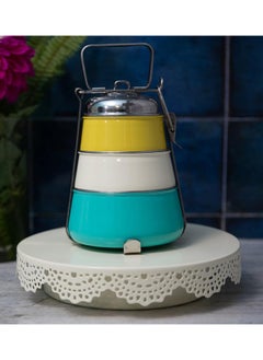 Elan Elan 3 Tier Traditional Indian Lunch Box | Three Compartment Stainless Steel Tiffin Box for Office | Pyramid Shape Food Carrier for Men (Yellow-Ivory-Aqua, 3T)  - Image 4
