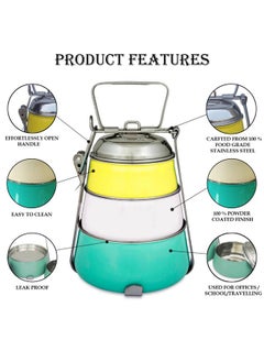 Elan Elan 3 Tier Traditional Indian Lunch Box | Three Compartment Stainless Steel Tiffin Box for Office | Pyramid Shape Food Carrier for Men (Yellow-Ivory-Aqua, 3T)  - Image 3