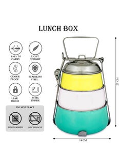 Elan Elan 3 Tier Traditional Indian Lunch Box | Three Compartment Stainless Steel Tiffin Box for Office | Pyramid Shape Food Carrier for Men (Yellow-Ivory-Aqua, 3T)  - Image 2