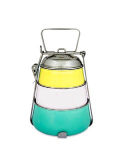 Elan Elan 3 Tier Traditional Indian Lunch Box | Three Compartment Stainless Steel Tiffin Box for Office | Pyramid Shape Food Carrier for Men (Yellow-Ivory-Aqua, 3T)  - Image 1