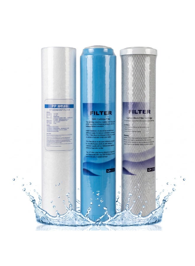 Crystolex 20" Big Blue Whole House Water Filter Cartridge Set – PP Sediment + GAC + CTO Carbon Block Replacement Filters, Universal 20x2.5 Inch, Removes Sediment, Chlorine & Bad Odors, 3 Pack (1 SET)) - Image 1