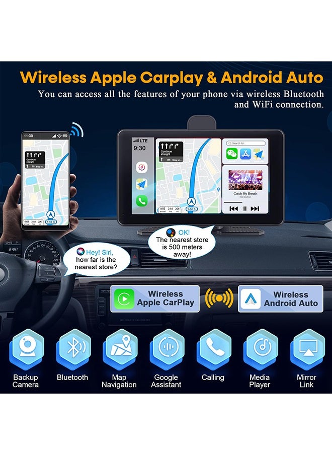 شو وو - شاشة Apple Carplay اللاسلكية المحمولة: شاشة لمس سهلة التركيب تعمل بنظام Android Auto - تشغيل السيارة مقاس 7 بوصات مع كاميرا Dash 2.5K وكاميرا احتياطية 1080P - Image 1