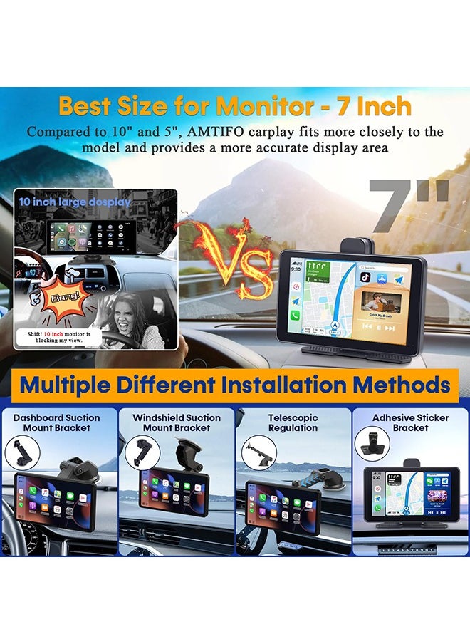 شو وو - شاشة Apple Carplay اللاسلكية المحمولة: شاشة لمس سهلة التركيب تعمل بنظام Android Auto - تشغيل السيارة مقاس 7 بوصات مع كاميرا Dash 2.5K وكاميرا احتياطية 1080P - Image 1