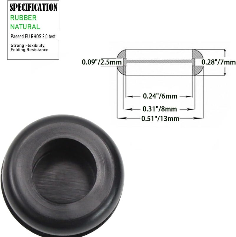 EASYEAH Store 5/16 in Rubber Grommets for Wiring, 1/4 in ID Double-Sided Rubber Plugs for Round Holes, Firewall Grommet Automotive, Wire Cable Grommets for Metal Electric Box, 70 Pcs 6x8 mm, Black - Image 2