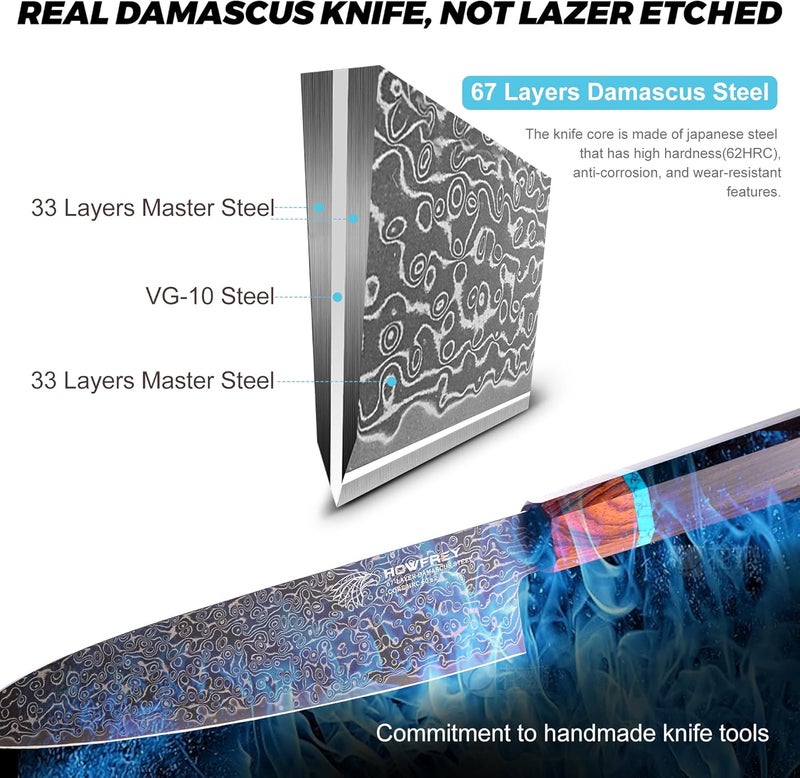 howfrey Damascus Chef Knife, 8 Inch 67-Layer Japanese Kitchen Knives Sharp High Carbon Stainless Steel with Ergonomic Pakkawood Handles, Elegant Gift Box Packaging for Home and Kitchen Birthday Dad Mom Gift - Image 3