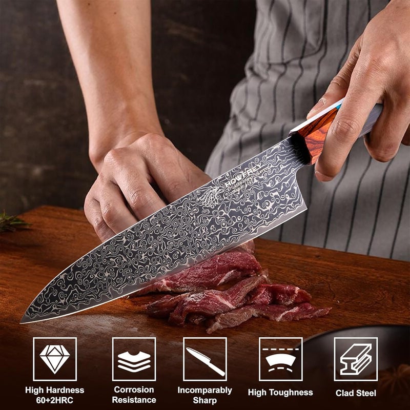 howfrey Damascus Chef Knife, 8 Inch 67-Layer Japanese Kitchen Knives Sharp High Carbon Stainless Steel with Ergonomic Pakkawood Handles, Elegant Gift Box Packaging for Home and Kitchen Birthday Dad Mom Gift - Image 4
