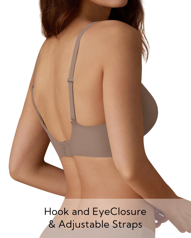 SHARICCA Pro Seamless Bra for Women Deep V Neck Wirefree Adjustable Strap Removable Padded Bralette(Coffee,S) - Image 4