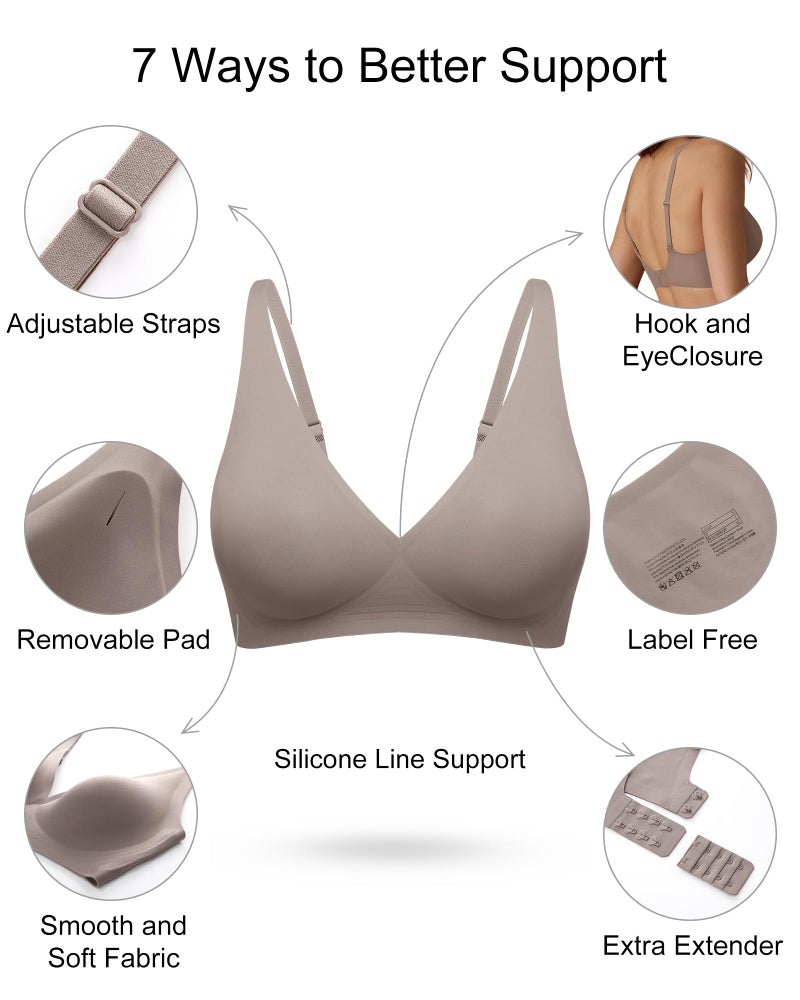 SHARICCA Pro Seamless Bra for Women Deep V Neck Wirefree Adjustable Strap Removable Padded Bralette(Coffee,S) - Image 5
