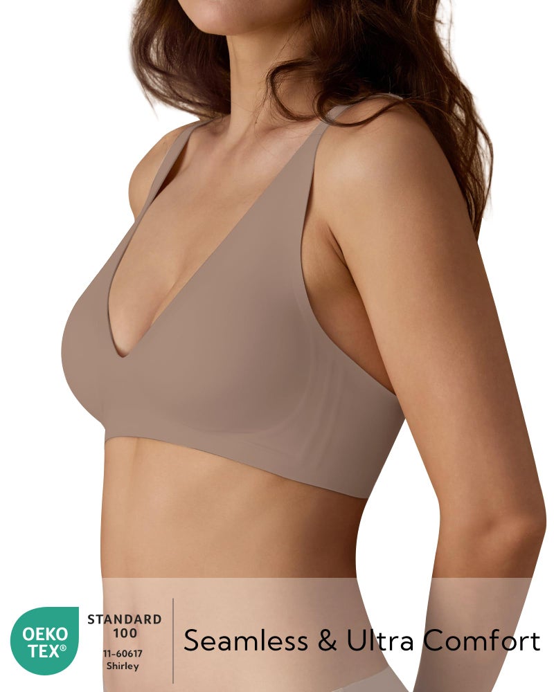 SHARICCA Pro Seamless Bra for Women Deep V Neck Wirefree Adjustable Strap Removable Padded Bralette(Coffee,S) - Image 2