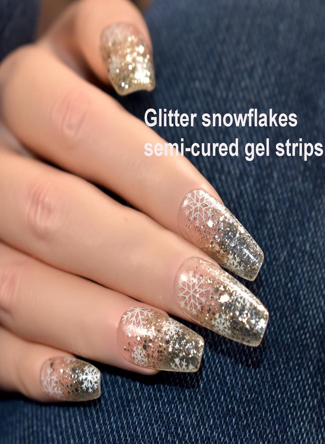 LIFOOST Snowflakes Semi Cured Gel Nail Strips Christmas Nail Stickers Clear with Glitter Gold Sequins Manicure Wraps - Image 5